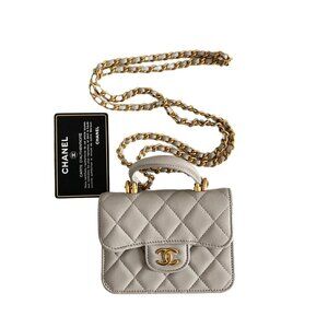 Chanel Lambskin Quilted Top Handle Flap Coin Purse With Chain Grey